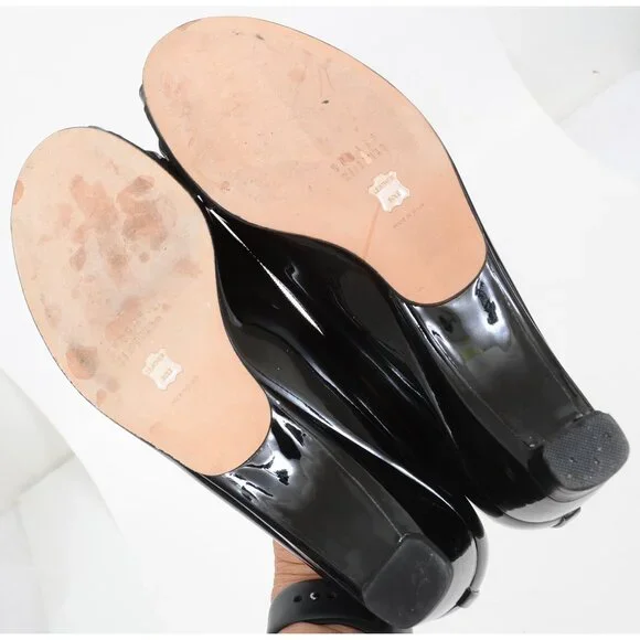 Stuart Weitzman Spain Lovebow Women's 8 Black Patent Bow Peep Toe Wedge Pump - Picture 9 of 9